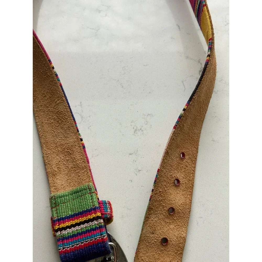 Kids Multicolor Striped Handwoven Textile‎ Leather Belt Silver Floral Buckle L